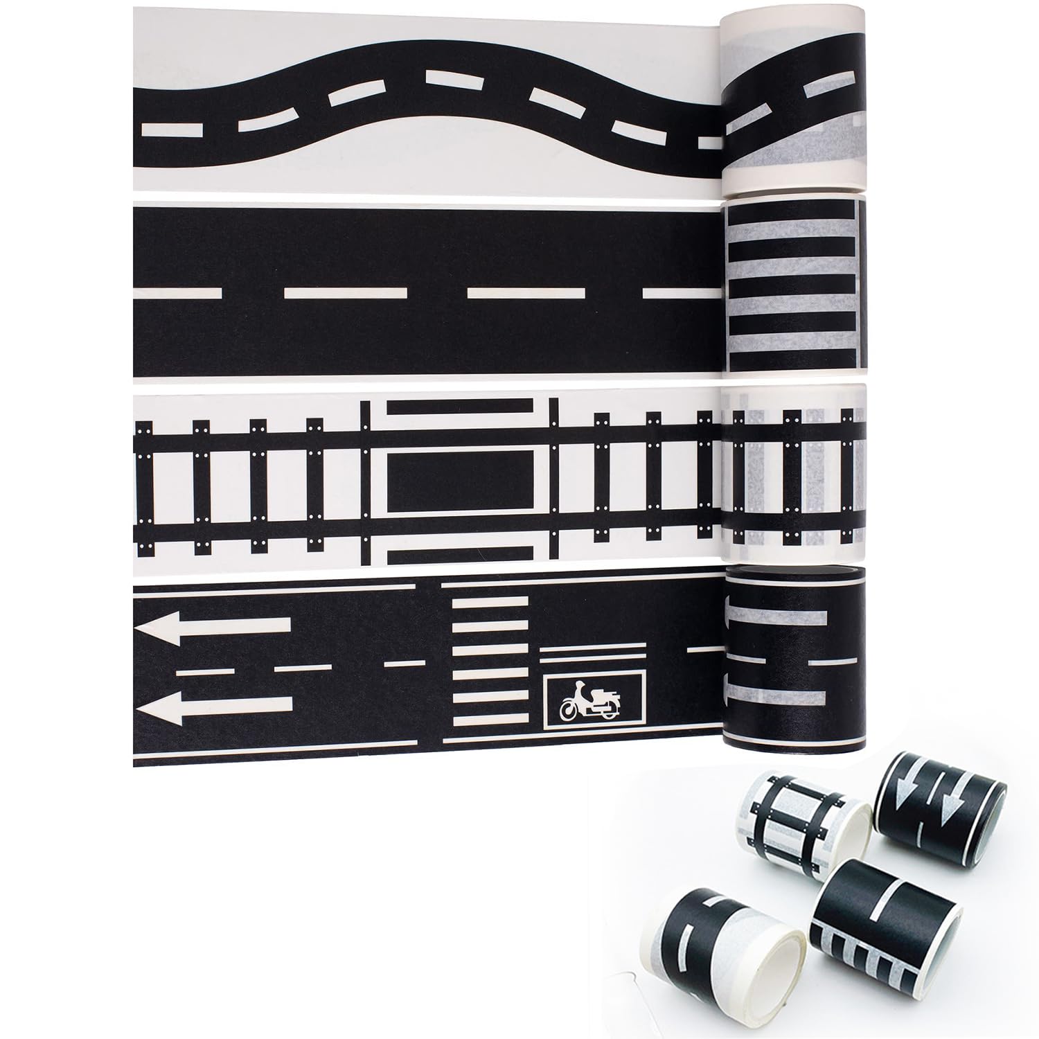 ZEACCT 4 Rolls of Black Highway Tape Train Railway Highway Tape, Track Sticker Traffic Sign, Traffic Paper Tape Sticker Roll, DIY Sticker Paper Tape Art Road for Kids to Learn Traffic Rules