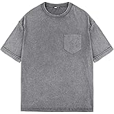 Arssm Men Oversized T-Shirts Pocket Short Sleeve Acid Washed Heavy Cotton Vintage Tops Loose Fit Casual Basic Unisex Tee