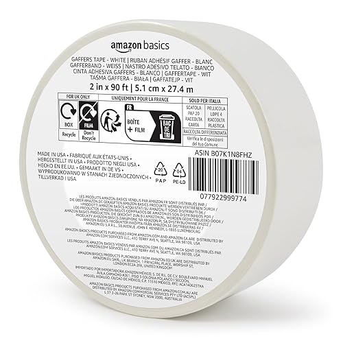 Amazon Basics No Residue, Non-Reflective Gaffers Tape - 2 inch x 90 feet, White