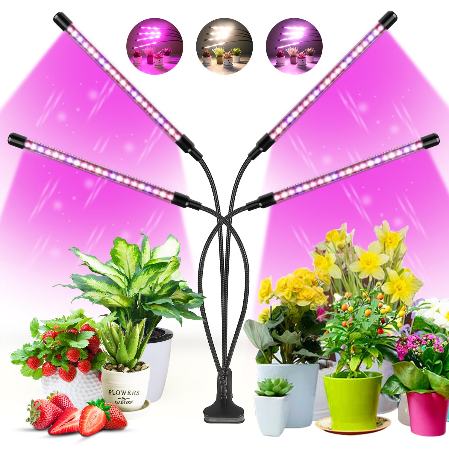Wolezek Grow Lights for Indoor Plants, 80 LEDs 4 Heads Full Spectrum Red & Blue Plant Light with Clip, Grow Lamp with 5 Dimming Levels, 6/12/16H Auto Timer, 3 Switch Modes for Seedlings and Succulents