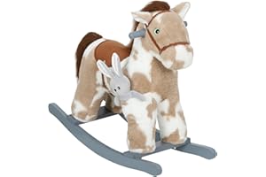 Qaba Rocking Horse, Kids Plush Animal Rocker with Realistic Neighing Sound for Toddlers 2–5 Years Old, Soft Filling Ride on Horse with Rabbit Toy, Light Brown