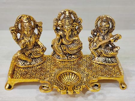 GiftNagri Golden Metal Diwali Decorative Laxmi Ganesha Saraswati Sitting Diya Statue - Puja Diya- Lakshmi Ganesh Saraswati Showpiece Oil Lamp Diya Decoration