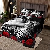 Black White Leopard Print Bedspread King Size,Wild Cheetah Animals Bedding Set,Red Rose Flower Comforter Sets for Kids Girls Boys Teens Room Decor,Moon Night Seaside Quilt Coverlet,2 Pillowcases