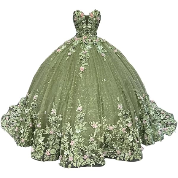 Amazon.com: Green and Pink 3D Flowers Pearls Quinceanera Dresses Strapless  Princess Prom Pagent Dress Adult Tulle Sage Green 2 : Clothing, Shoes &  Jewelry
