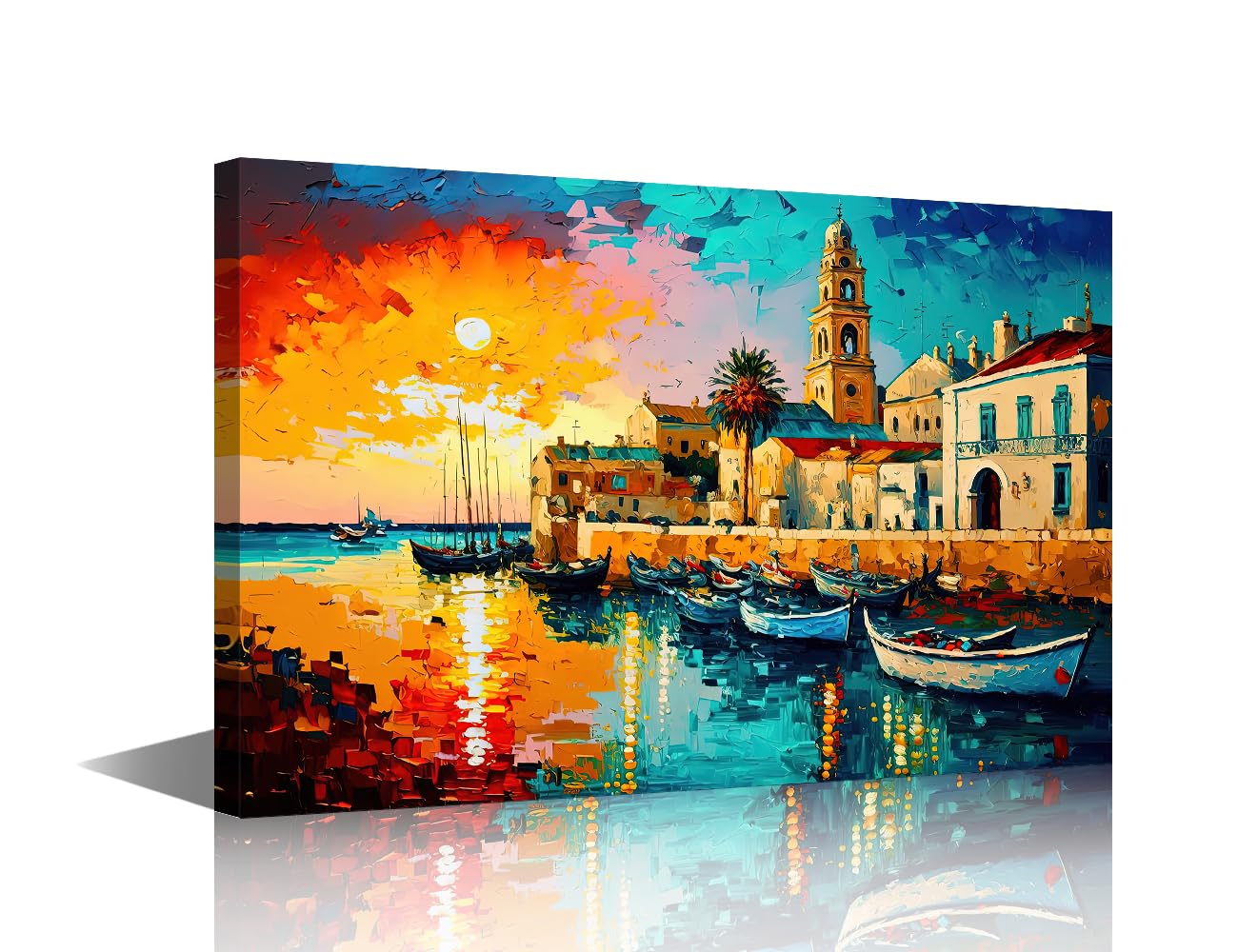 Malta City Wall Art Marsaxlokk Cityscape View Prints on Canvas Contemporary Oil Painting Style Wall Paintings Wall Decoration for Living Room Bedroom Framed Ready to Hang 24"x16" — image 1