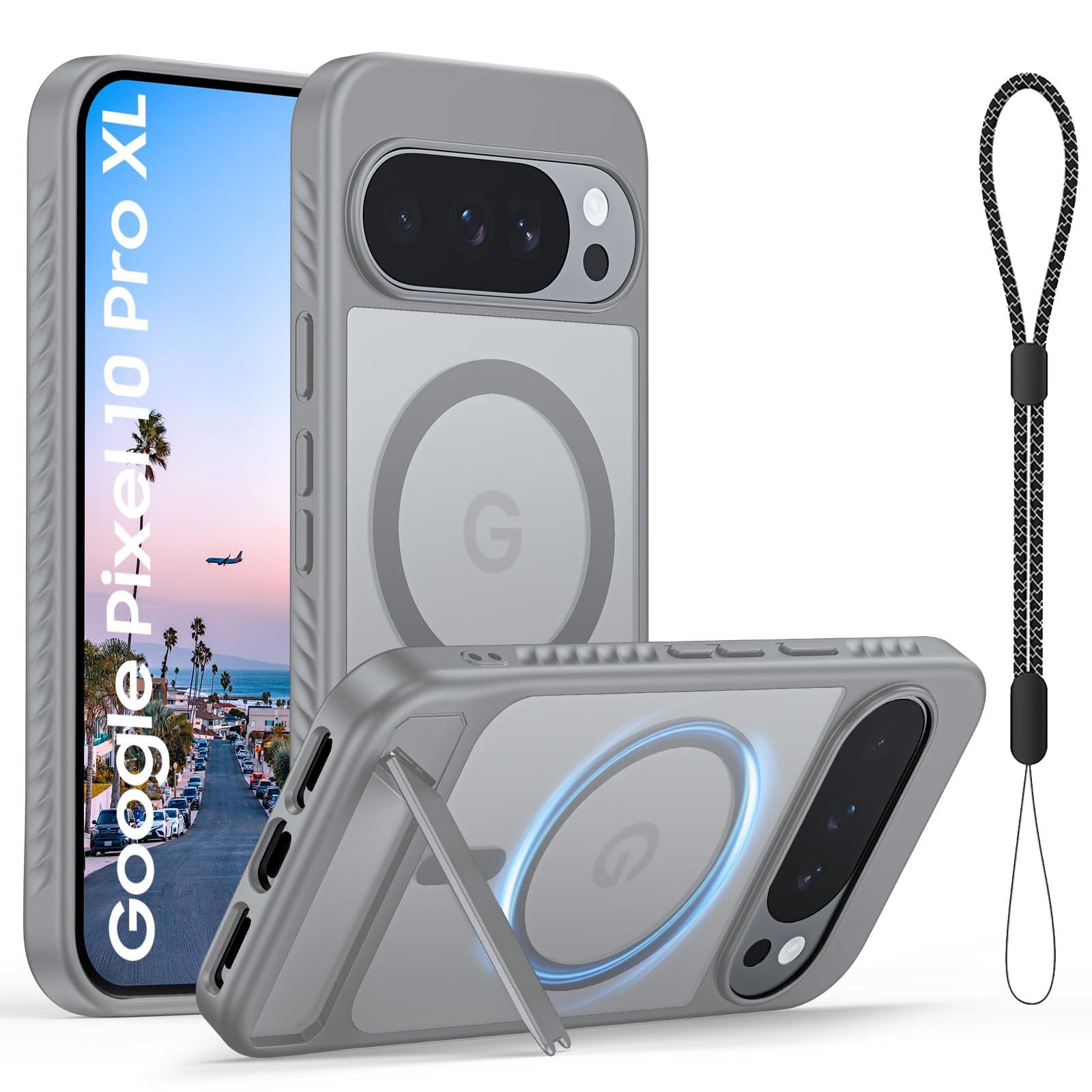 Vividarm Magnetic for Pixel 10 Pro XL Case, [Built-in Invisible Stand] [Compatible with MagSafe Accessories] Slim Shockproof Translucent Man Woman Phone Cover for Google Pixel 10 Pro XL 6.8 inch- Gray