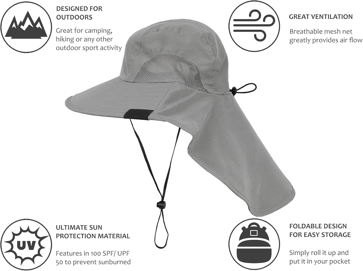 Mens Wide Brim Sun Hat with Neck Flap Fishing Safari Cap for Outdoor Hiking Camping Gardening Lawn Field Work, Grey: Clothing