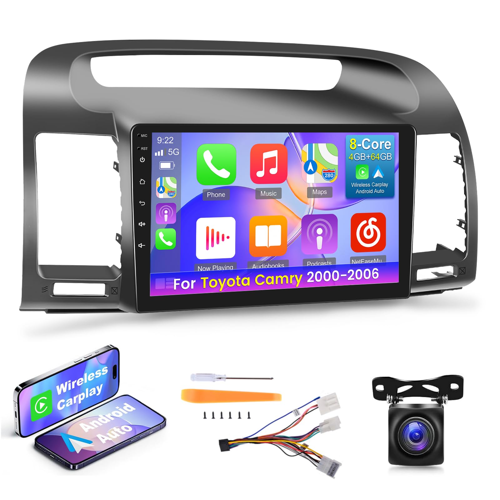 Photo 1 of [8 Core 4+64G] Car Radio for Toyota Camry 2000-2006 with Wireless Carplay and Android Auto - 9 Inch IPS 1280 * 720 Touchscreen Android Stereo - DSP / 59 UI Themes/WiFi/GPS/SWC + AHD Backup Camera