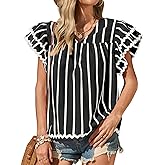 Tankaneo Womens Ruffle Short Sleeve Blouse V Neck Striped Pleated Trim Shirts Summer Casual Loose Fit Tops