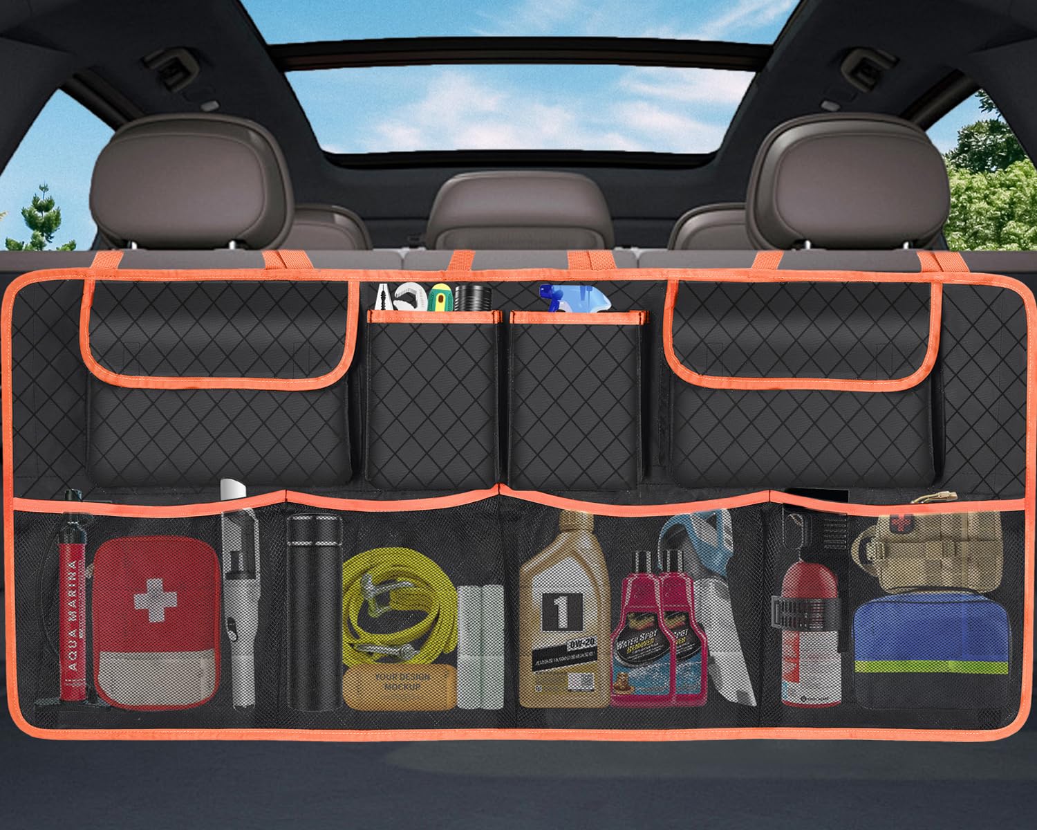 Photo 1 of NEWFOM Car Trunk Organizer and Storage, Large Capacity Backseat Hanging Storage Accessories, Backseat Car Organizer for SUV/MPV/Truck (Orange)