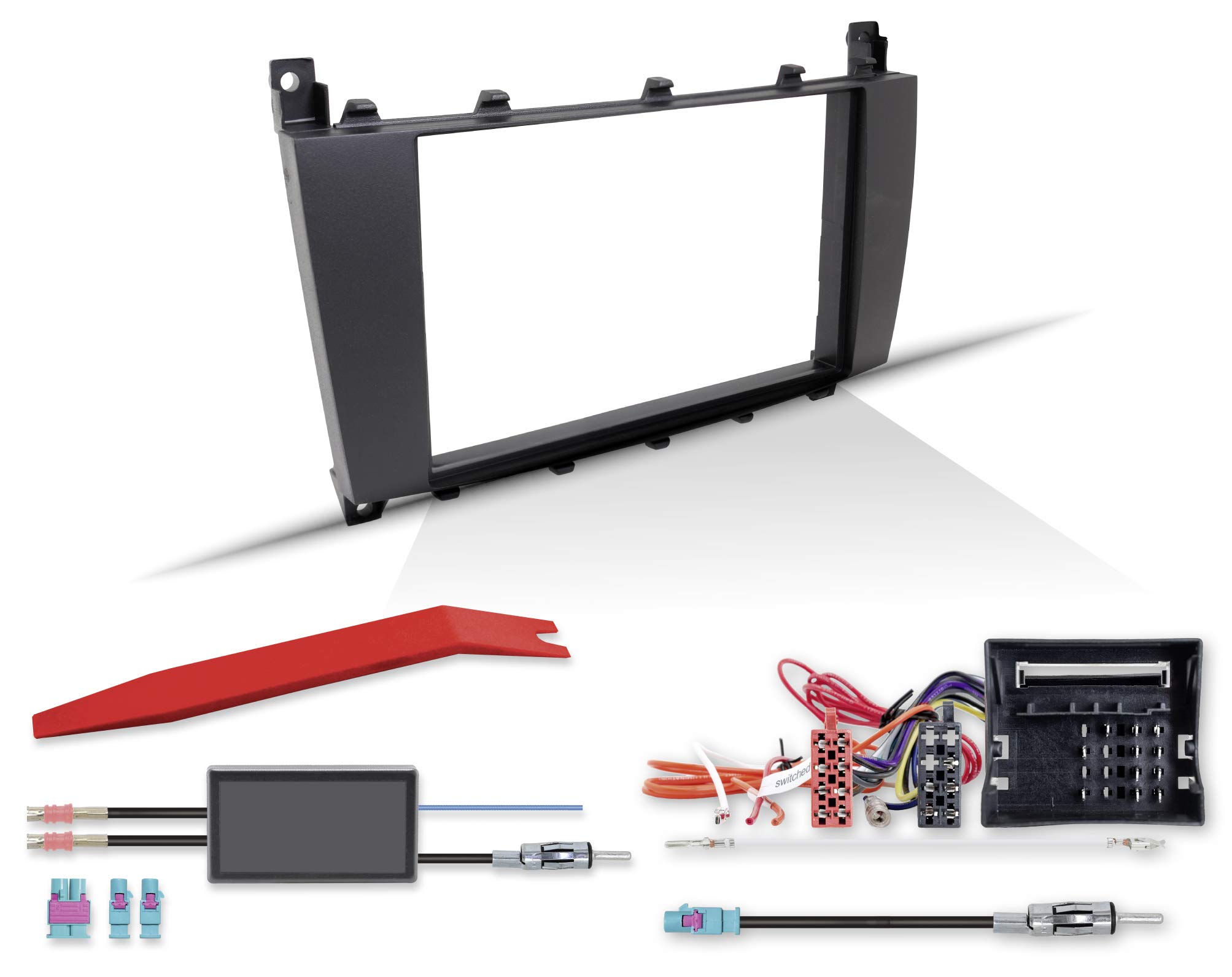 2-DIN Installation Kit Compatible with Mercedes-Benz C-Class with Radio Fascia Mounting Frame Quadlock ISO Radio Adaptor Antenna Adapter for W203 S203 CL203 MOPF 2004-2007