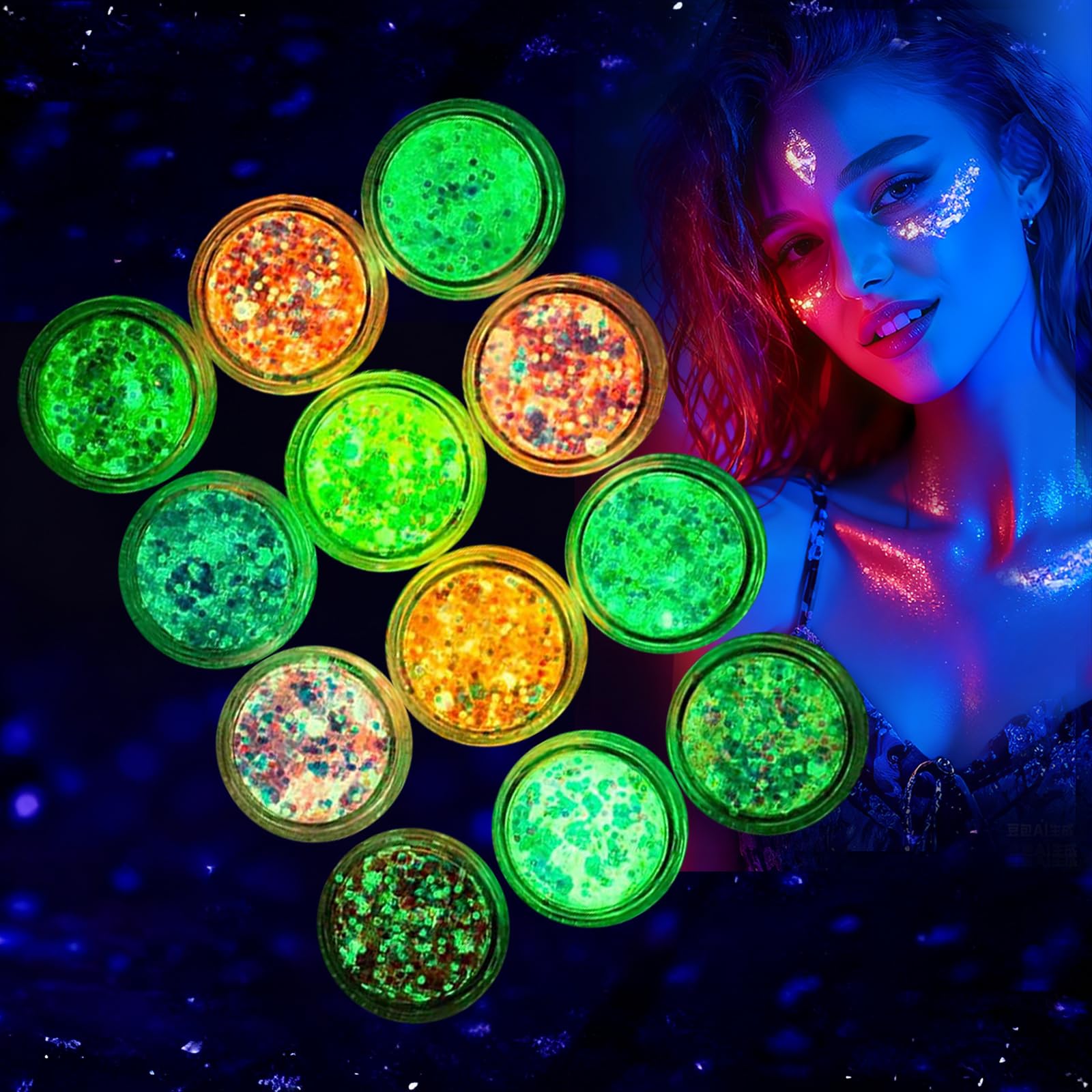 AOOWU Chunky Glitter, 12 Colors Luminous Festival Glitter with Gel, Nail Glitter Powder, Holographic Cosmetic Glitter for Face Body Eye Hair Nail and DIY Art (C)