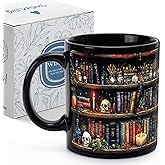 Palasarkaaa Skull Bookshelf Coffee Mug Gifts for Book Lovers Women, Witch, Goth Decor Halloween Cup With Skulls Cup Gothic Gift for Men, Dad, Mom