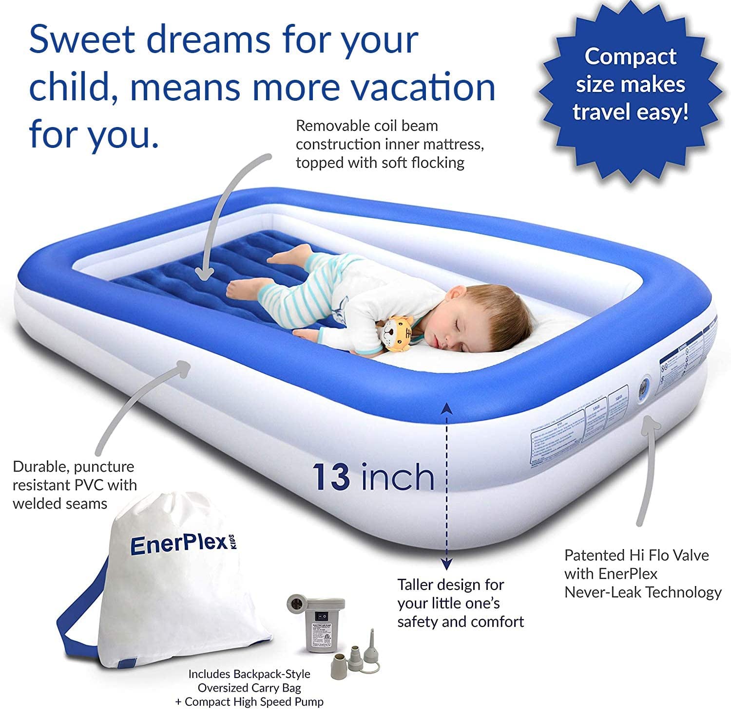 EnerPlex Kids Inflatable Travel Bed with High Speed Pump, Portable Blow