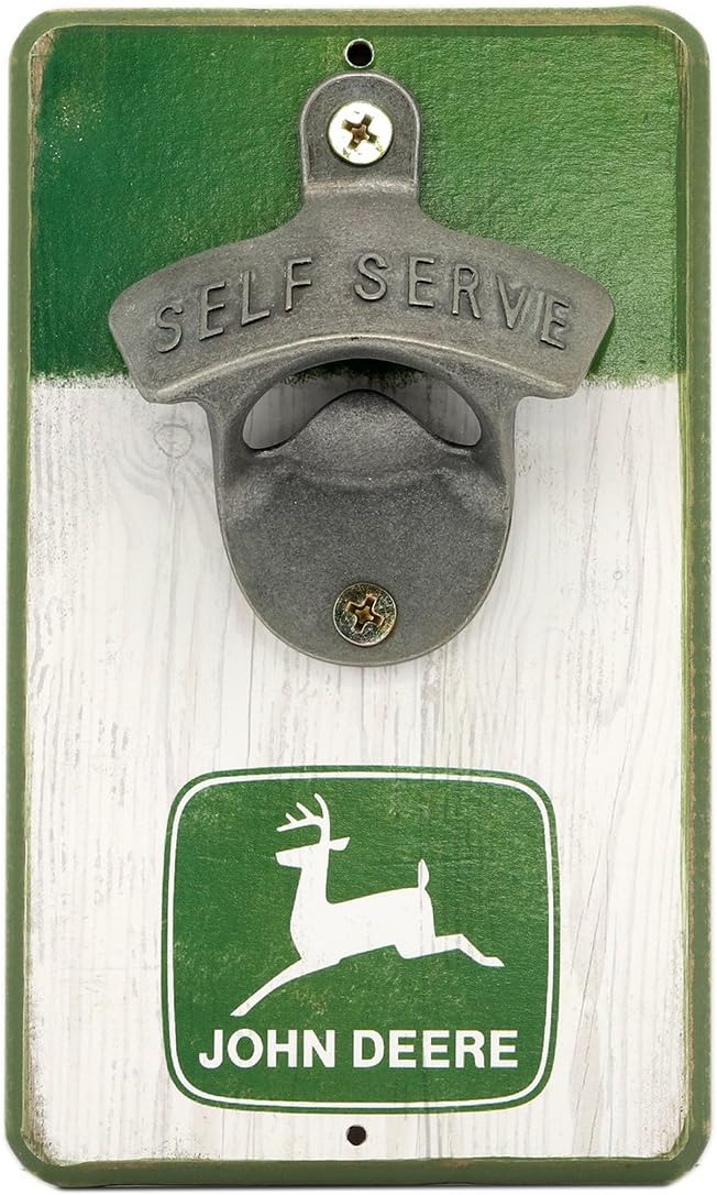 John Deere Green and White Rustic MDF Wood Wall Art Sign with Cast Metal Bottle Opener - an Officially Licensed Product Great Addition to Add What You Love to Your Home/Garage Decor