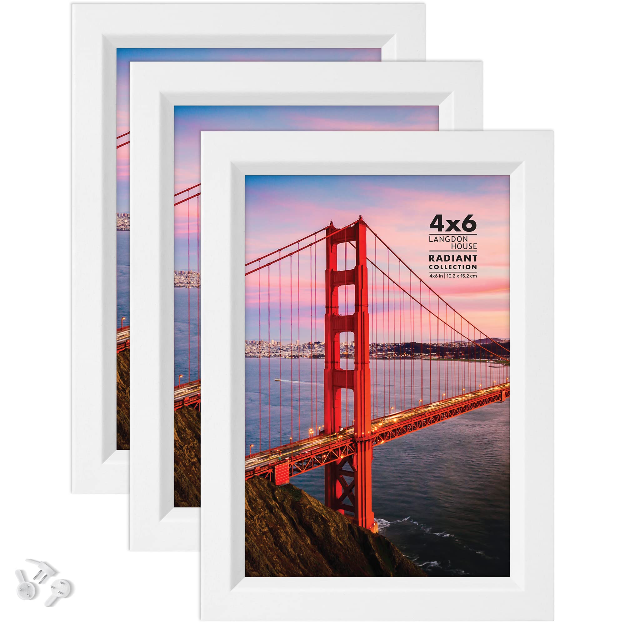 Langdon House 6x4 Picture Frames (White, 3 Pack), Modern w/Bevelled Accent, Tabletop Easel and Wall Hanging Hooks Included, Radiant Collection