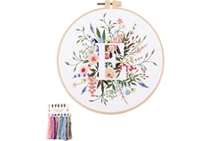 artcici Embroidery Kits Plant Flower Leaf English Letter Patterns for Beginners Adults, Full Range Embroidery Starter Kits Cross Stitch Needlework Supplies (Letter E)