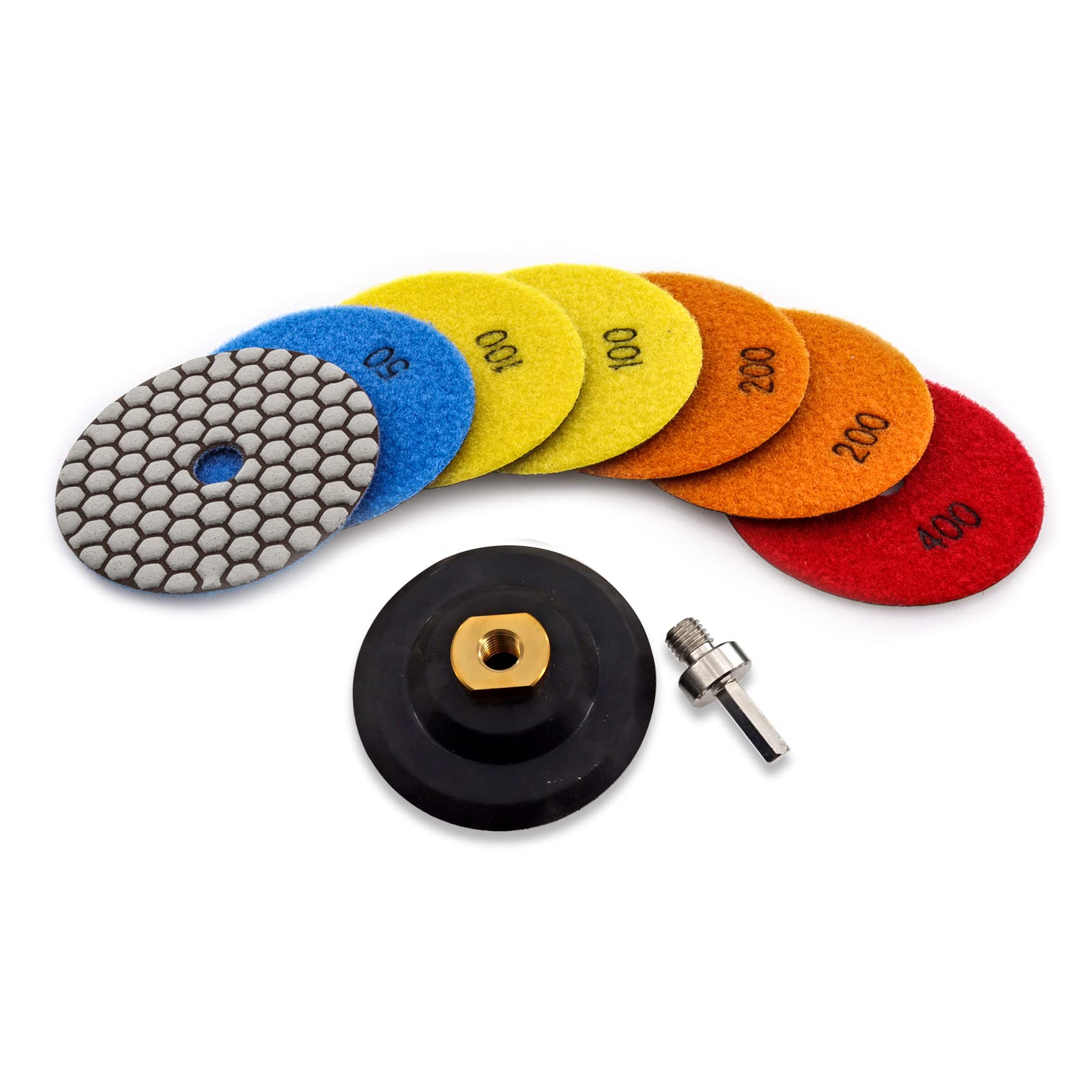 KURSTOL Dry Diamond Polishing Pads Set - 7pcs 100mm Countertop Polishing Pads +1pc Backer Pad of Rubber Body+1pc Adapter M14 Thread to Hexagon Shank for Granite Stone Marble