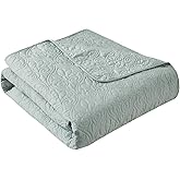 Madison Park Throw Blanket - Reversible Damask Quilting Design, Soft Pre-washed Microfiber, Cotton Filled Spread, Cozy Summer Blanket - Throw for Living Room Couch, Sofa, Bed, Quebec, 60x70", Seafoam