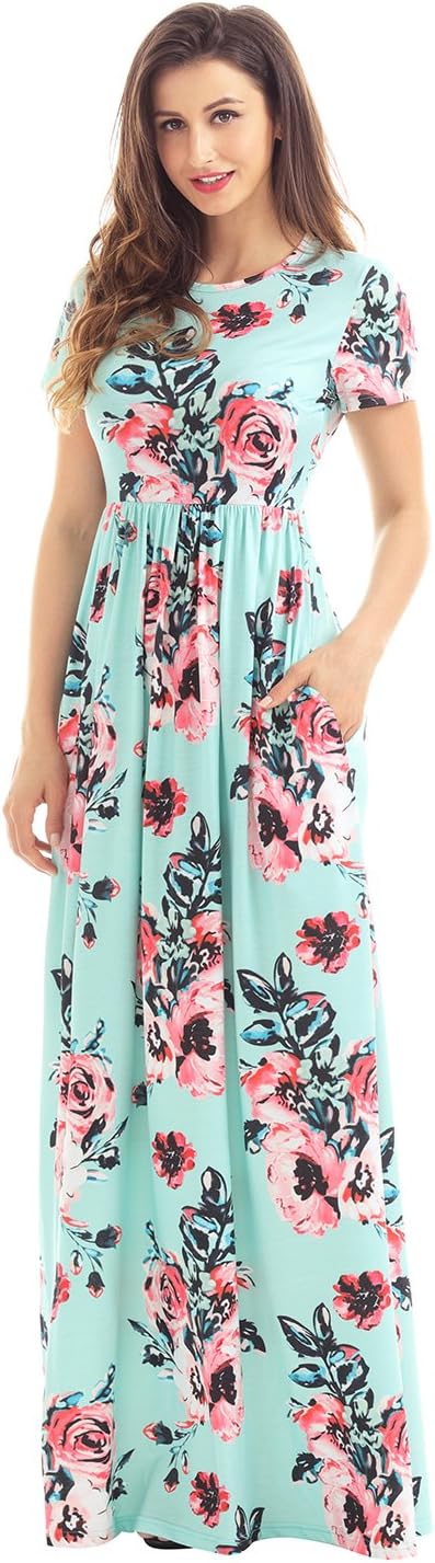 New Style Womens Pocket Design Short Sleeve Floral Print Long Dress Maxi Dresses For Women(FBA)
