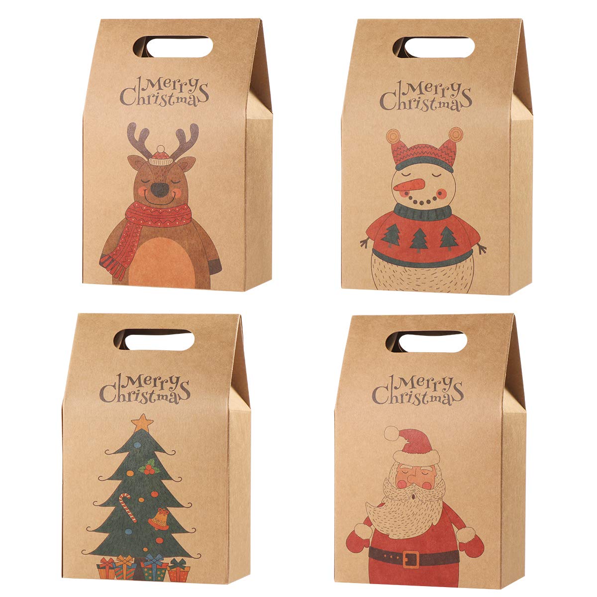 16pcs Christmas Party Gift Bags Reusable Craft Paper Boxes for Candies Cookies Xmas Gift Wrapping Bags for Xmas Party Supplies - Santa, Elk, Christmas Tree, Snowman