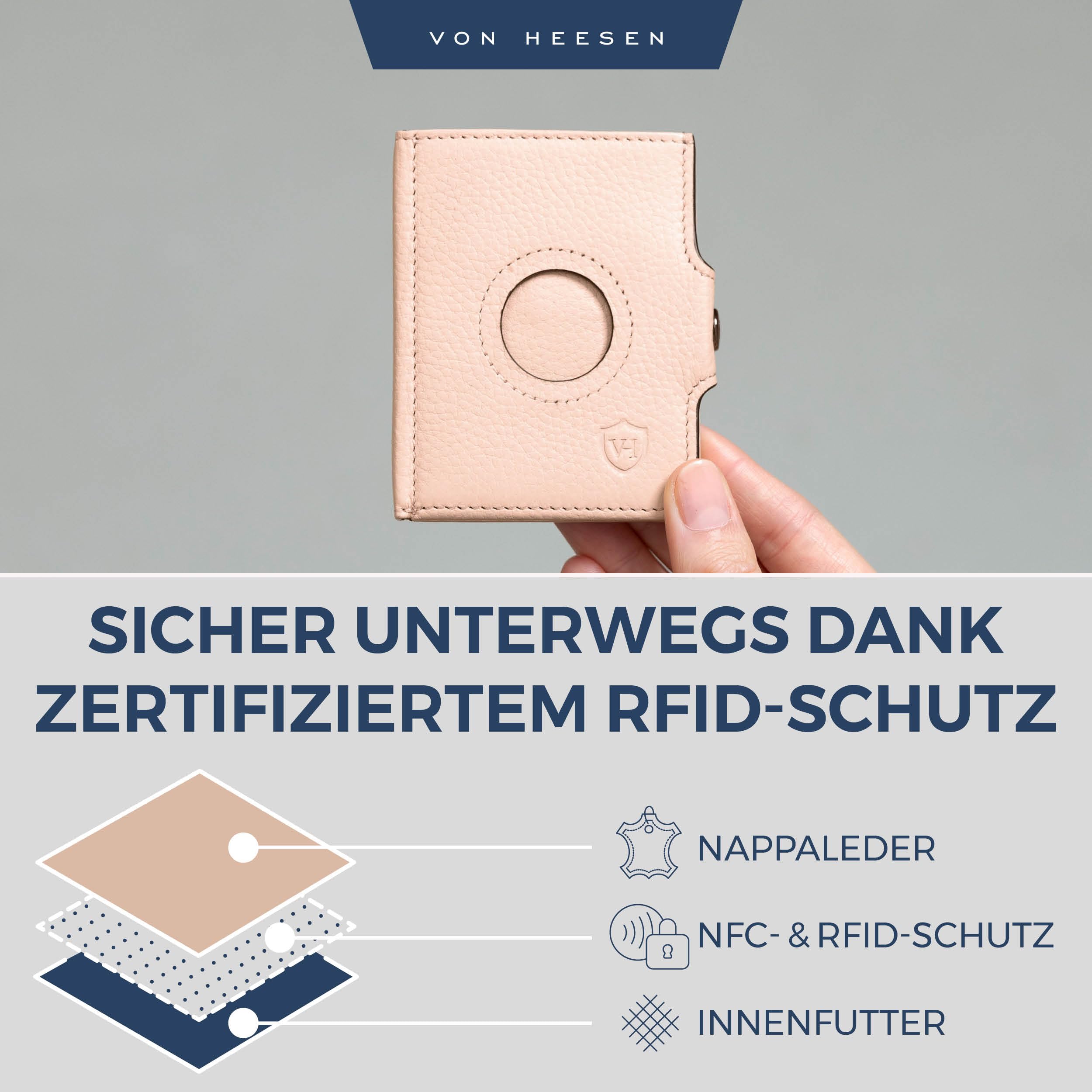 VON HEESEN Airtag Slim Wallet mit RFID-Schutz - Airtag Portmonee Herren klein aus echtem Leder - Mini Geldbörse - Kreditkartenetui Kartenetui - Portemonnaie Geldbeutel (Rose) 5
