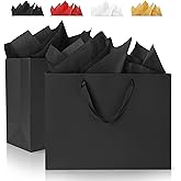 Argivean Extra Large Black Gift Bags: 2pcs 16x6x12 Inch Gift Bags With Handle For Birthday Wedding Party Business (With Black Tissue Paper)