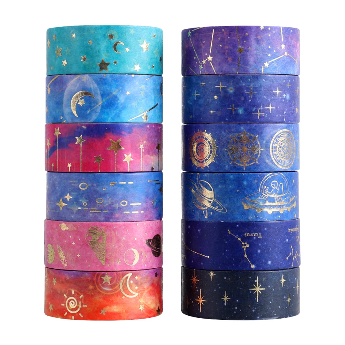 Jagowa 12 Washi Tape Rolls, Floral/Star Design Decorative Masking Tapes for DIY Crafts, Gift Wrapping, Party & Bullet Journaling (Galaxy)
