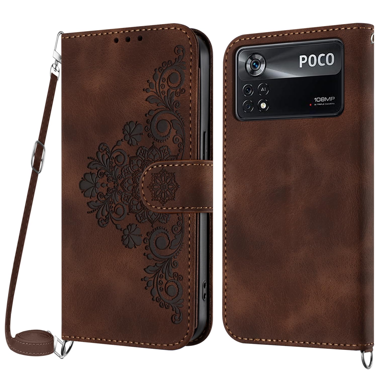 Netany Lanyard Case for Xiaomi Poco X4 Pro 5G, PU Leather Wallet Phone Case with Adjustable Crossbody Lanyard Strap, Card Holder Kickstand Magnetic Flip Folio Shockproof Case Cover (Brown)