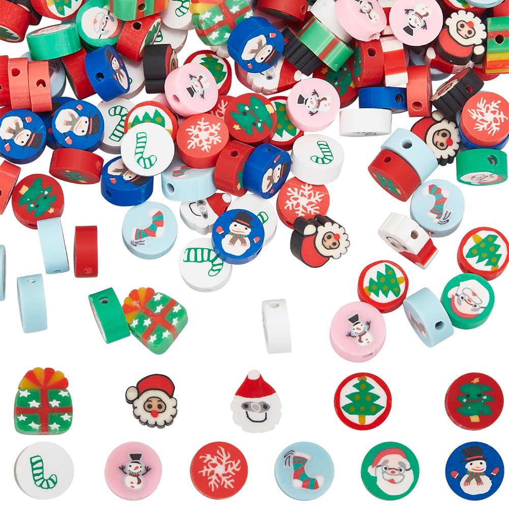 SUNNYCLUE 220Pcs 11 Styles Christmas Polymer Clay Beads 10mm Flat Spacer Beads Cute Santa Claus Xmas Disc Vinyl Loose Beads Bulk for jewellery Making Bracelet Beading Kits Diy Craft Party Decor Suppli