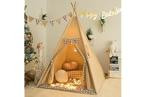 TreeBud Teepee Tent with Padded Mat Bunting Banner Fairy Lights - Print Gingham Kids Play Tent with Carry Bay for Indoor and Outdoor, Play House Toys for Toddler, Boys and Girls