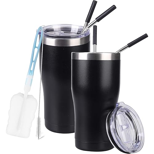 SERENCOZY 20oz Stainless Steel Tumbler With Lid and Straw Vacuum Insulated Tumbler Double Wall Travel Mug Coffee Cup for Hot Beverage and Cold Drinks (Black, 2 Pack)