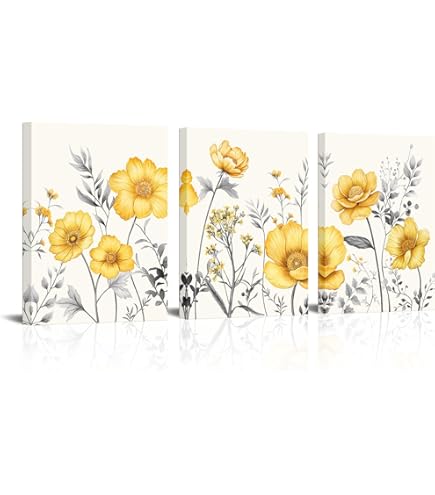Pinturas En Lienzo De Flores Amarillas Modernas, Impresiones De Arte De Pared De Gran Tamaño, Flores Rojas Para La Decoración Del Hogar De La Habitación De La Cama, 35x72cm (14x29in) Con Marco