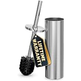 Stainless Steel Toilet Brush and Holder Set, Silver, Splash Guard | Toilet Bowl Brush with Long Handle, Metal Canister, Removable Inner Cup, Dense Bristles, Splash Guard and Silicone Feet