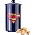 DC Comics Superman Logo Pattern Treat Jar | 10"x 5" Dog Treat Jar with Lid | Dishwasher Safe Superman Dog Food Storage Container Cylinder for Dog Treats