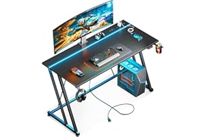 MOTPK Gaming Desk with LED Lights & Power Outlet, Computer Desk 47inch for Small Space, Cheap Gaming Table with Carbon Fiber Texture, Kids Desk Gift for Boys Men, Black