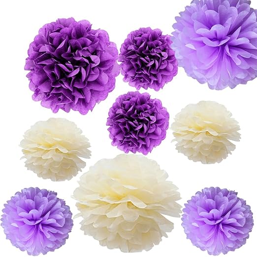 Alxcio 9pcs Papier Boule De Fleurs De Soie Pompon Pour Noël Mariage Fête Diy Décoration10 Pouces Et 14 Pouces Jaune Clair Violet Clairviolet Foncé