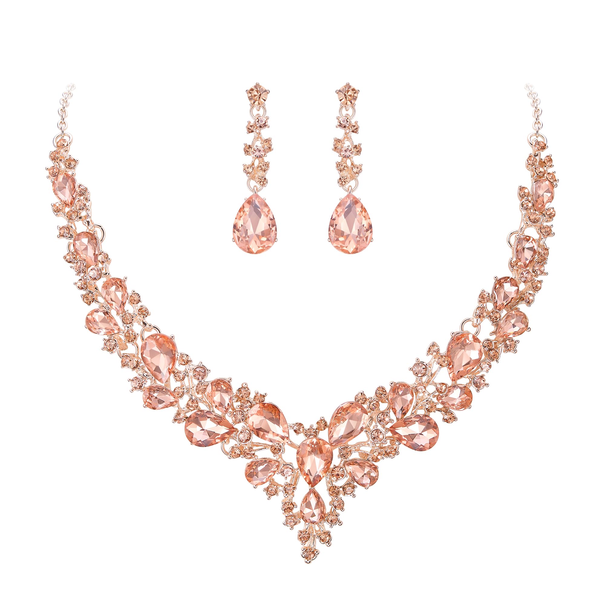 Ever Faith Wedding Bridal Crystal Sparkly Rhinestone Teardrop Cluster Statement Necklace Dangle Earrings Jewellery Set for Women Champgagne Color