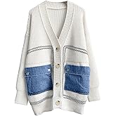 ebossy Women's Spliced Denim Pockets Knit Cardigan Button Down Slouchy Stripe Sweater Outwear