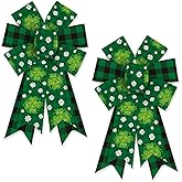 Heureppy 2 Pack Irish St. Patrick's Day Burlap Linen Wreath Bows, Green Plaid Clover Shamrock Decor for Front Door, Tree Topper, Indoor Outdoor Use