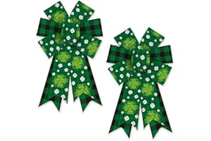 Heureppy 2 Pack Irish St. Patrick's Day Burlap Linen Wreath Bows, Green Plaid Clover Shamrock Decor for Front Door, Tree Topper, Indoor Outdoor Use