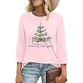 RECUTEWU Christmas Shirts for Women: Merry Christmas Print Tshirt Xmas Tree Holiday 3/4 Sleeve Tee Tops