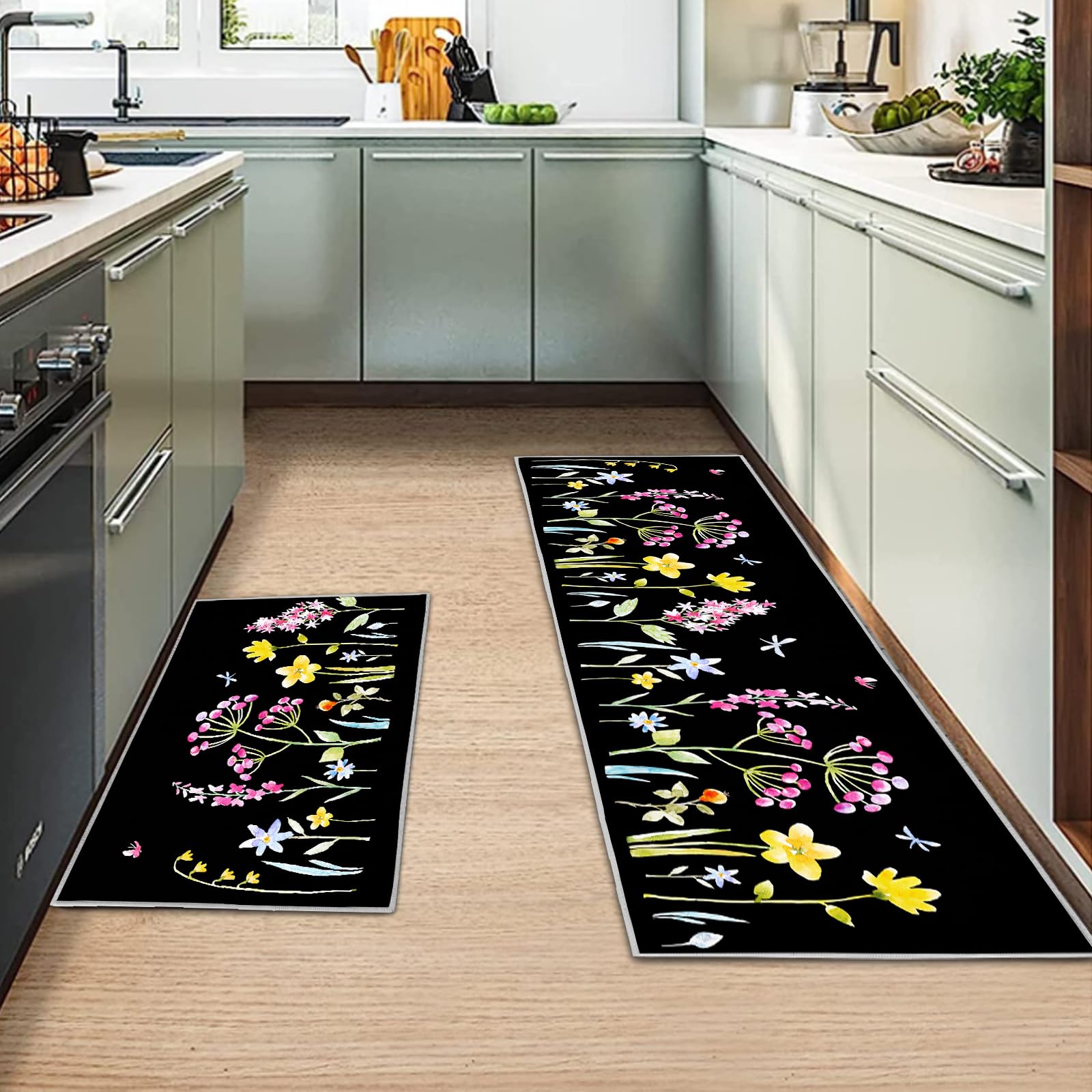 MIQEBX 2 Pcs Kitchen Rugs and Mats, Anti Fatigue Kitchen Rug Sets,Comfort Floor Mats Washable Non Slip Kitchen Rug Runner for Office Sink Laundry (Flowers B, 40x120cm+40x60cm)
