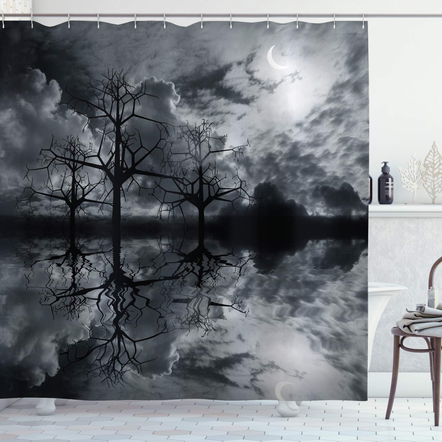 ABAKUHAUS Landscape Shower Curtain, 3D Graphic Fantasy Land at Night Cloudy Sky Moon Trees Water Reflection, Cloth Fabric Bathroom Decor Set with Hooks, 94 Inches, Black White Grey