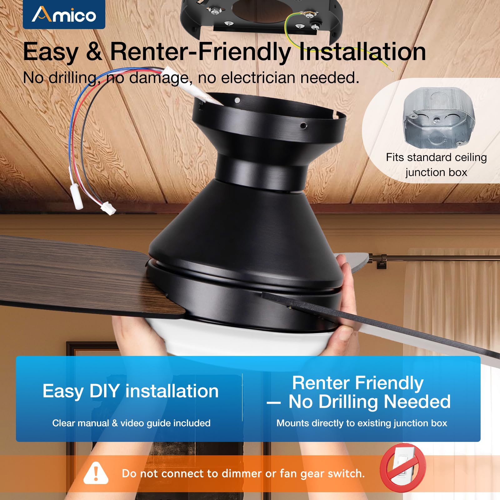 Amico Ceiling Fans with Lights, 42 inch Low Profile Ceiling fan with Light and Remote Control, Flush Mount, Reversible, 3CCT, Dimmable, Noiseless, Black Ceiling Fan for Bedroom, Indoor/Outdoor Use