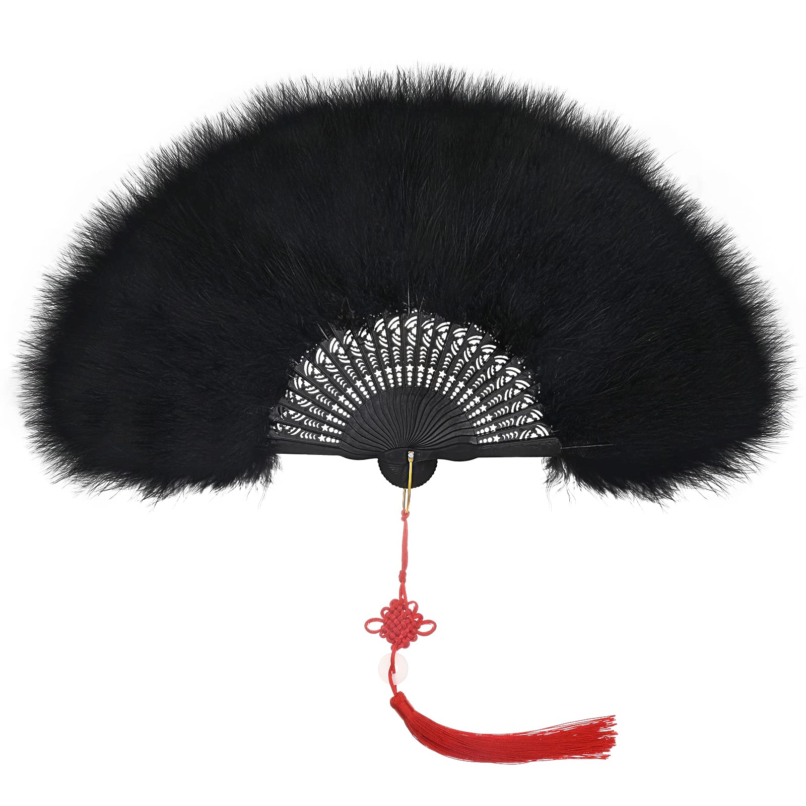 Mwoot 1920s Vintage Style Folding Handheld Feather Fan, Flapper Hand Fan for Costume Halloween Dancing Wedding Party Prom Tea Party Variety Show - Black
