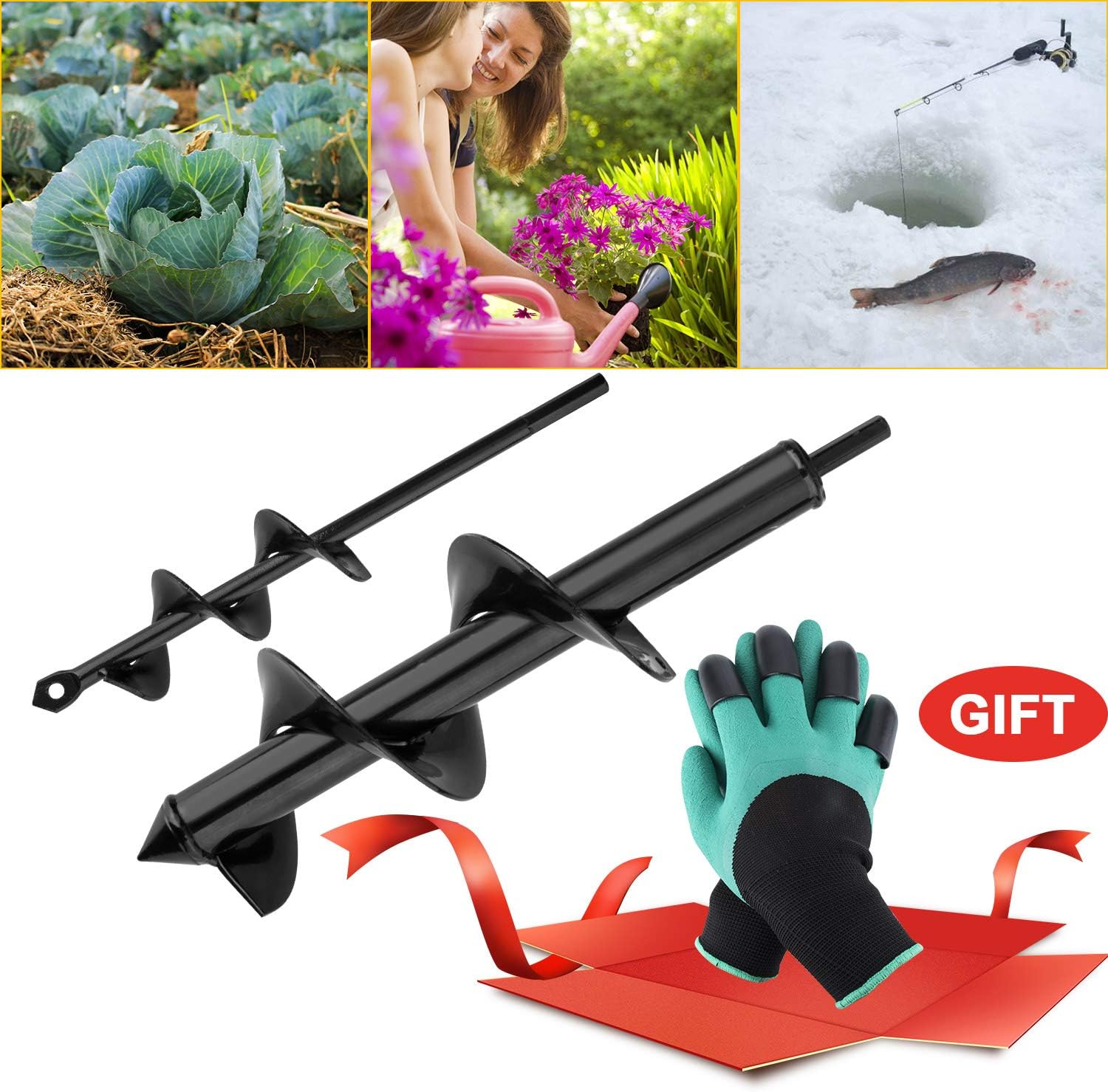 Garden Auger Drill Bit Set, Baowox 2 Pcs 12" and 9" Inch Garden Rapid Planter with Garden Genie Gloves for Planter Tree Hand Cordless Drill Soil Posthole Digging Holes: Home Improvement