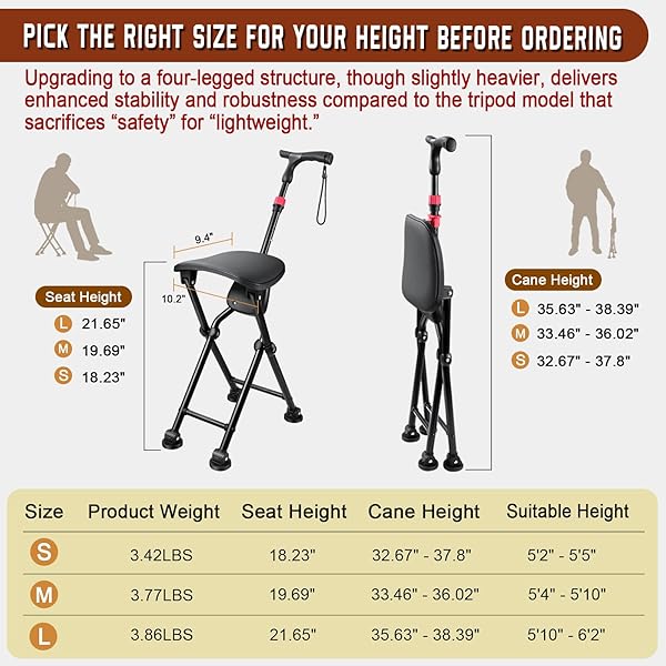 HZZEDNG HOLD 400 LBS FOLDING CANES WITH SEAT, ALLOWS DURABILITY WHILE WALKING AND CONVENIENCE FOR SITTING, ALUMINUM PORTABLE ANTI-SLIP CANE SEAT, HEIGHT-ADJUSTABLE WALKING CANE(SEAT HEIGHT 21.65 IN)