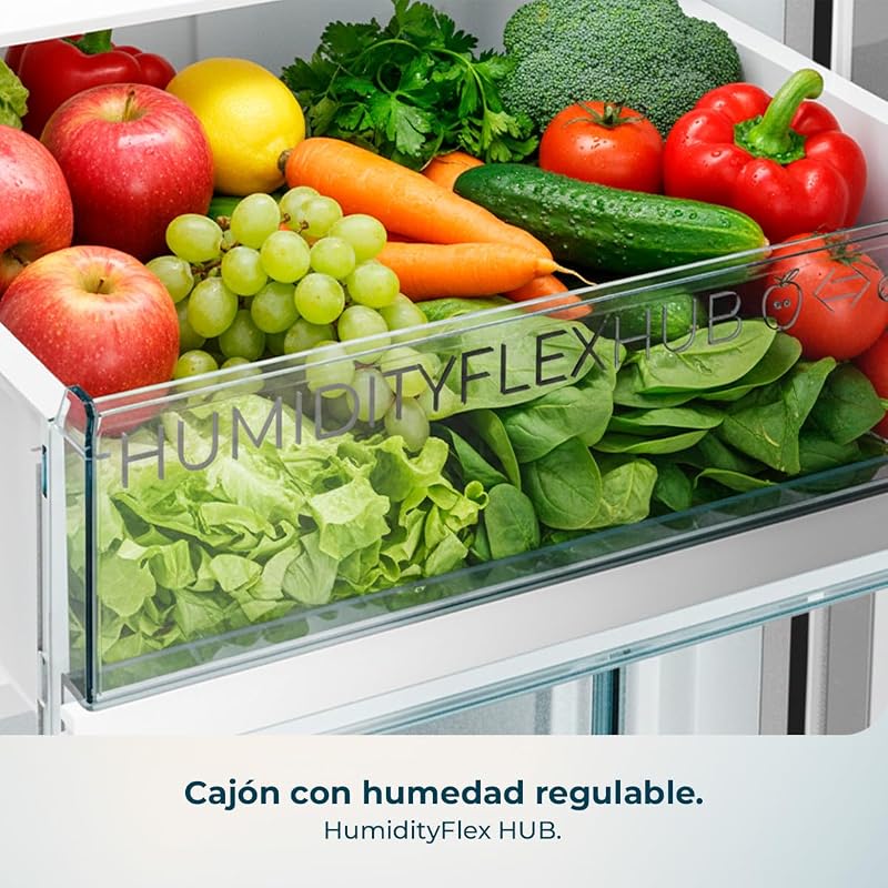 Bolero CoolMarket Combi 322i WD Inox E. 322L Total No Frost Combi Frigorífico. 185,5 cm de altura, 59,5 cm de largura, Classe E, Tecnologia Multi Airflow, HumidityFlex HUB, LED interior, Aço Inoxidável