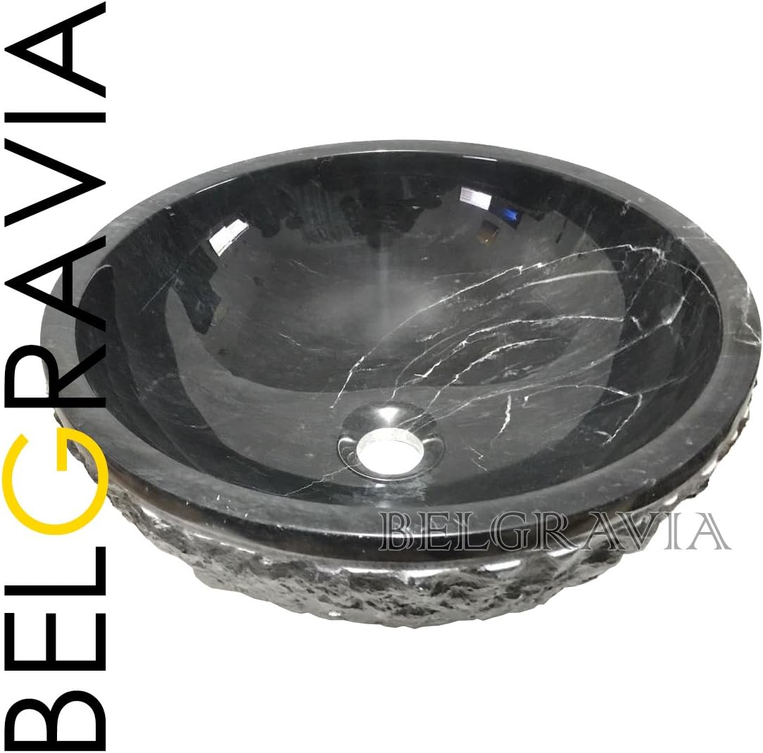 Belgravia Marble® Natural Marble Stone Bathroom Basin Sink Large Counter Top Vessel Vanity Wash Bowl Bath Countertop Chiseled Sink Deep Round (Black Nero Marquina, 16" X 6")